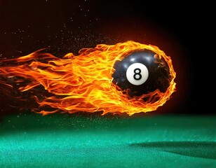 an black billiard ball on fire flying through the air 