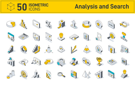 Data analysis and search business icon set. Isometric linear icons, analysis and search to infographics, analytics, and statistics. Icon set includes search, charts, graphs, metrics. Vector collection