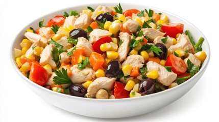 A vibrant chicken salad with fresh ingredients, including tomatoes, corn, olives, carrots, and parsley, served in a white bowl, offering a healthy and balanced meal