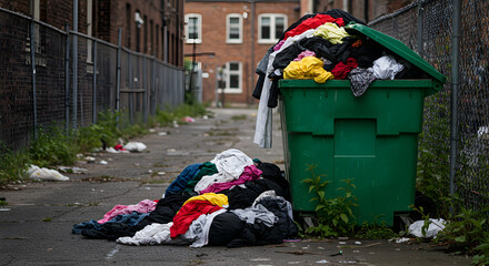 Overflowing Green Trash Can Filled with Colorful Clothes in a Grungy Urban Alley Dark and Moody Lighting