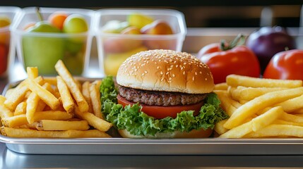 American School Cafeteria Tray with Burger - School Lunch Concept