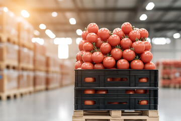 Tomatoes stacked high in a warehouse. Red produce in black crates on a pallet, ready for distribution. Fresh, ripe, and plentiful. Supply chain excellence.