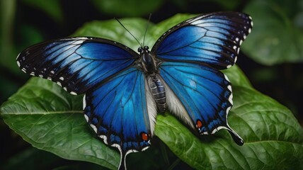 Vibrant blue butterfly perched on lush green leaf