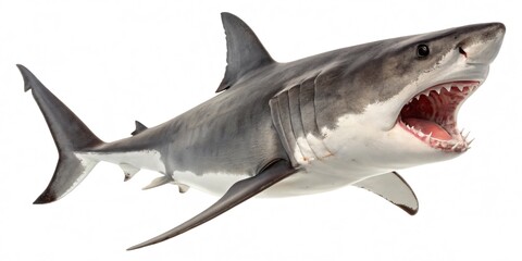 Naklejka premium Great white shark with an open mouth full of sharp teeth on a white background