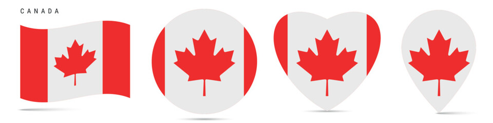 Canada waving flag, circle badge, heart shaped, map pin. Flat vector illustration isolated