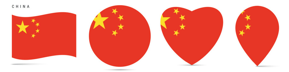 China waving flag, circle badge, heart shaped, map pin. Flat vector illustration isolated