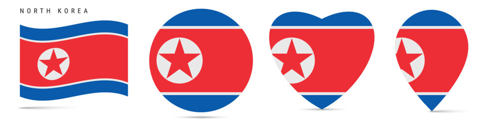 North Korea waving flag, circle badge, heart shaped, map pin. Flat vector illustration isolated