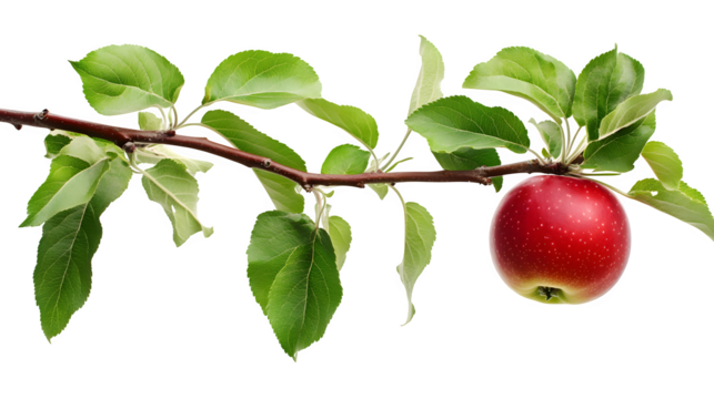 A close-up of an apple tree branch with green leaves and a ripe red apple, isolated on white background
