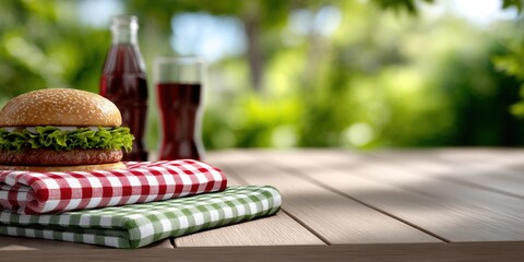 picnic food composition, template with detailed picnic setup, food, and drink a blurred section left for personalized greetings