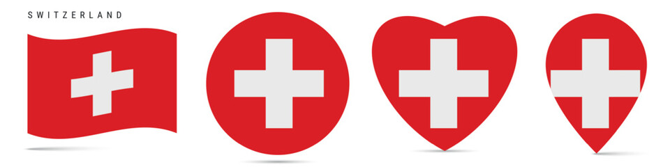 Switzerland waving flag, round circle sticker badge, heart shaped icon, map pin. Swiss flag buttons of different shapes. Vector illustration isolated on white.