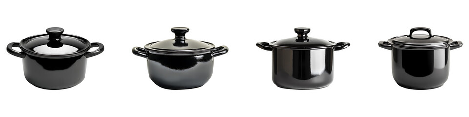 Set, group, collection of Black cooking pot isolated on transparent background.