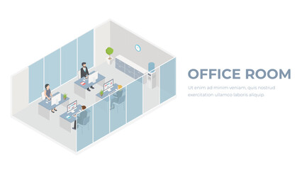People workplace in office isometric design. Company employees man and woman team work together in comfortable modern cabinet. Business center floor interior inside with furniture. Vector illustration