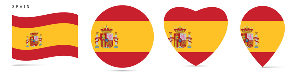 Spain waving flag, round circle sticker badge, heart shaped icon, map pin. Spanish flag buttons of different shapes. Vector illustration isolated on white.