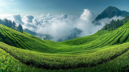 Crystal clear panoramic view of vibrant green tea plantations arranged neat rows under cloudy blue sky serene vivid natural landscape