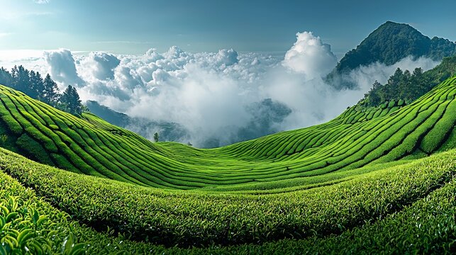 Crystal clear panoramic view of vibrant green tea plantations arranged neat rows under cloudy blue sky serene vivid natural landscape