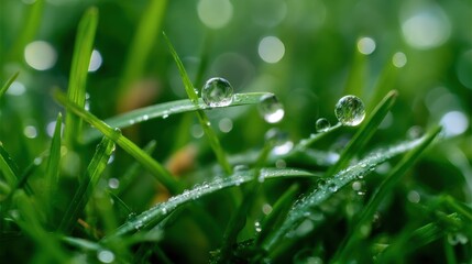 Close-up of dewdrops on fresh green grass in morning light