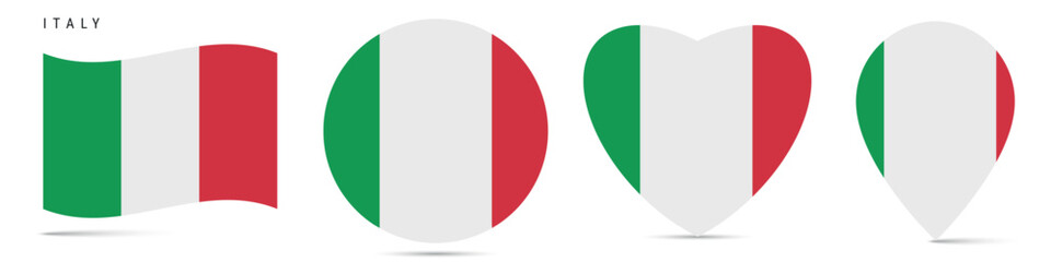 Italy waving flag, round circle sticker badge, heart shaped icon, map pin. Italian flag buttons of different shapes. Vector illustration isolated on white.