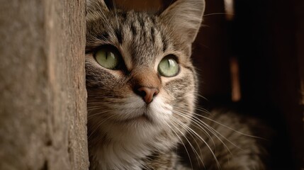 Obraz premium Close-up of green-eyed tabby cat with intricate fur pattern in natural light