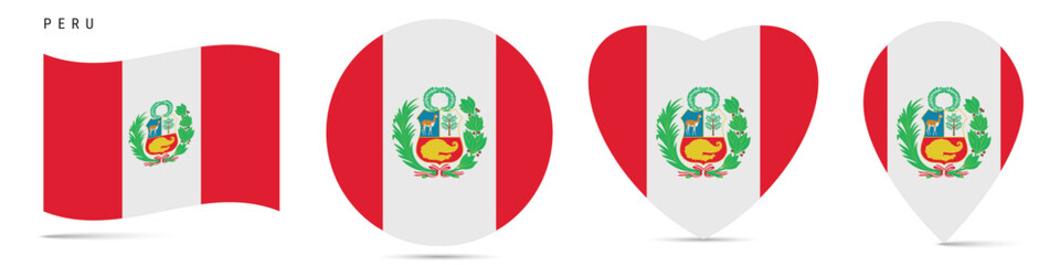 Fototapeta premium Peru waving flag, circle badge, heart shaped, map pin. Flat vector illustration isolated