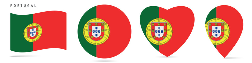 Portugal waving flag, round circle sticker badge, heart shaped icon, map pin. Portuguese flag buttons of different shapes. Vector illustration isolated on white.