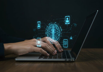 Hands Typing on Laptop with Holographic Tech Icons Floating Above