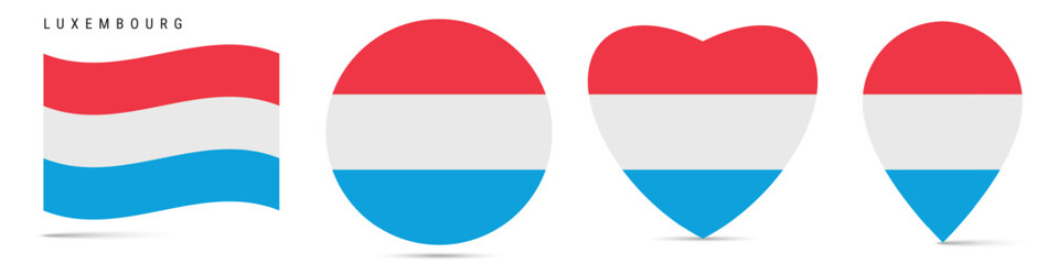Luxembourg waving flag, circle badge, heart shaped, map pin. Flat vector illustration isolated