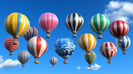 Colorful hot air balloons floating in a bright blue sky with clouds