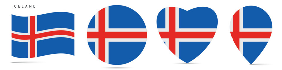 Obraz premium Iceland waving flag, circle badge, heart shaped, map pin. Flat vector illustration isolated