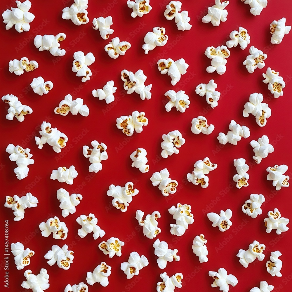 Poster Popcorn scattered across a vibrant red surface, creating a dynamic and appetizing display, inviting snacking and indulgence.