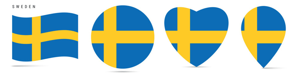 Sweden waving flag, circle badge, heart shaped, map pin. Flat vector illustration isolated