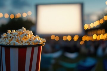 Outdoor Cinema: Freshly popped popcorn ready for a movie night under the stars, glowing lights enhancing the experience.