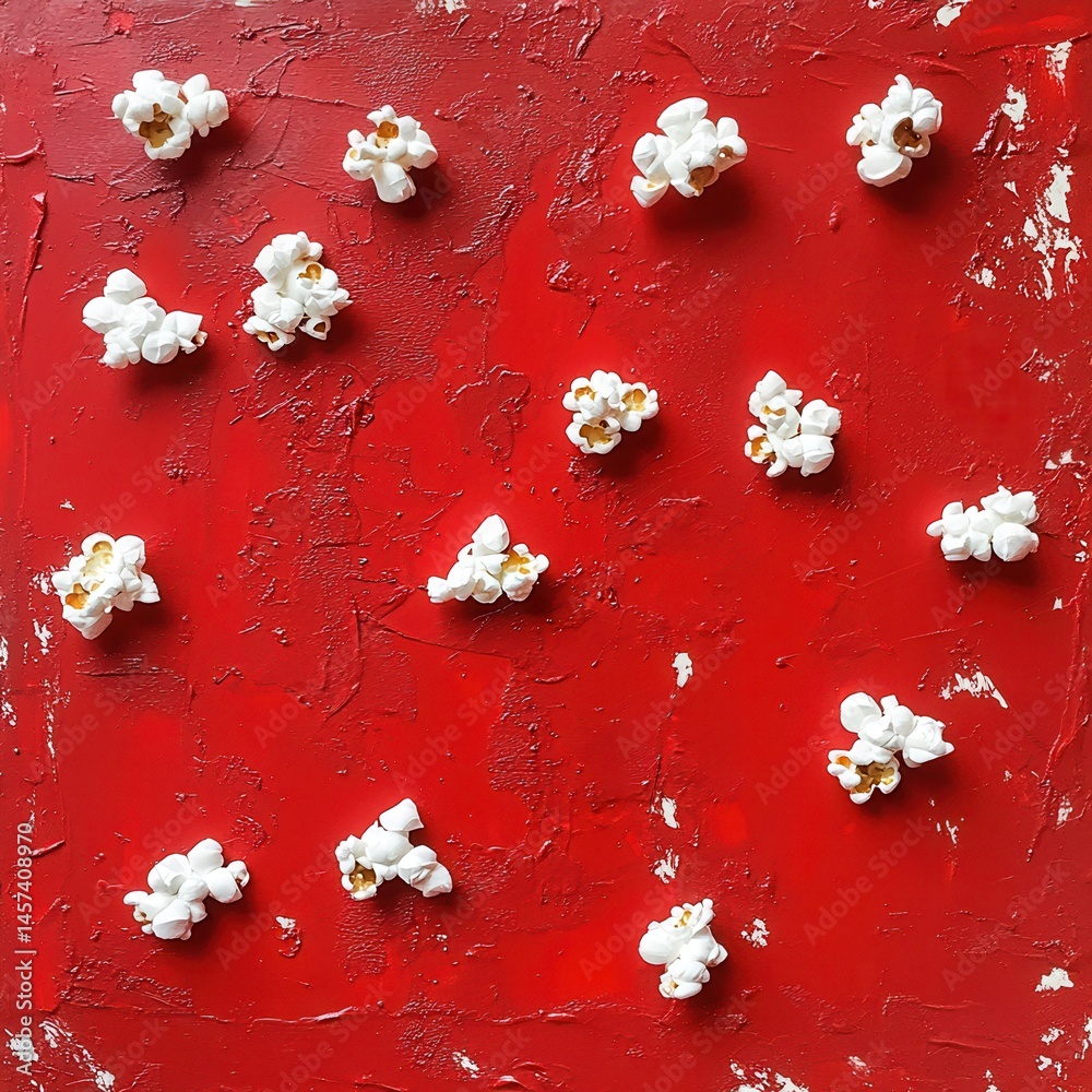 Poster popcorn art on red canvas: a vibrant and textured composition perfect for showcasing creativity and 