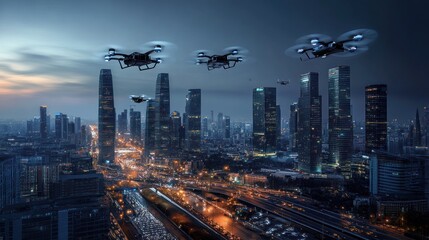 Obraz premium Drones over futuristic city at dusk