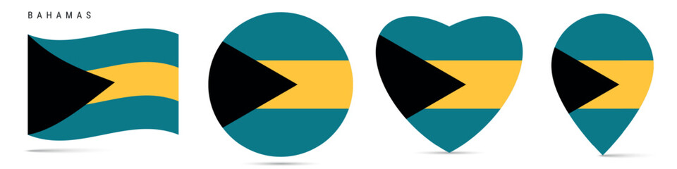 Bahamas waving flag, circle badge, heart shaped, map pin. Flat vector illustration isolated