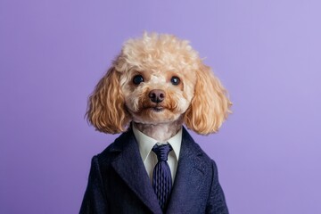Poodle in a suit looks like an important professional. Its golden fur stands out against the light purple backdrop.