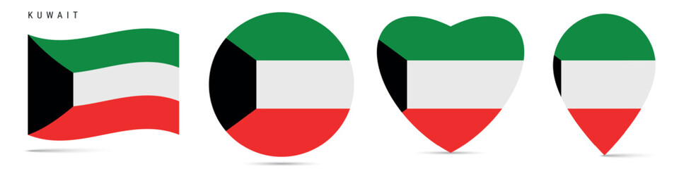Kuwait waving flag, circle badge, heart shaped, map pin. Flat vector illustration isolated