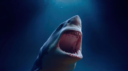 Fototapeta premium Great white shark with open jaws underwater in deep blue ocean