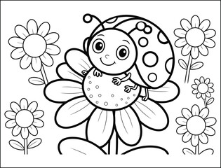 Cute Ladybug on a Daisy Flower Coloring Page Illustration