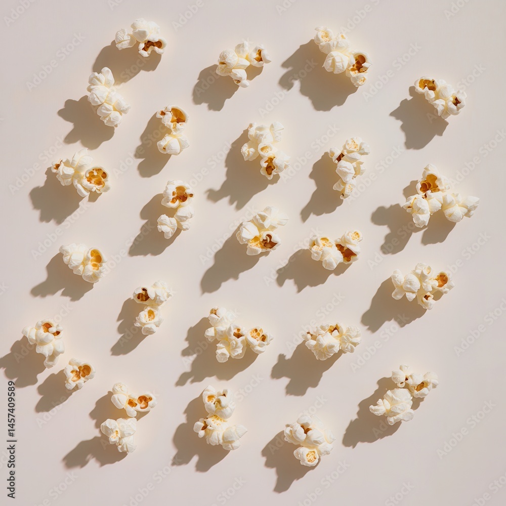 Poster arrangement of popcorn pieces on a light surface with shadows, showcasing simple snack aesthetics an