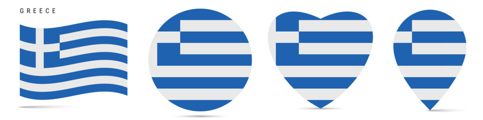 Greece waving flag, circle badge, heart shaped, map pin. Flat vector illustration isolated