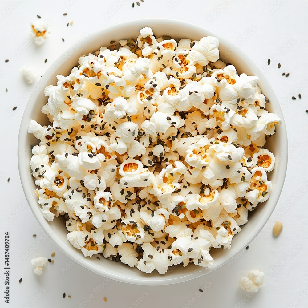 Poster overhead view of popcorn in a bowl, topped with seasoning. white background, some popcorn scattered 