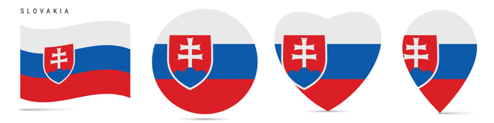 Fototapeta premium Slovakia waving flag, circle badge, heart shaped, map pin. Flat vector illustration isolated