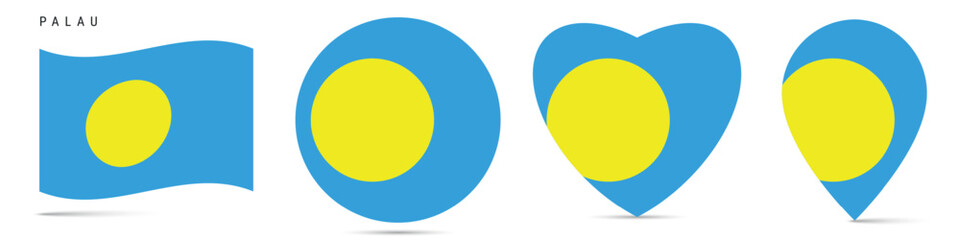 Palau waving flag, round circle sticker badge, heart shaped icon, map pin. Palauan flag buttons of different shapes. Vector illustration isolated on white.