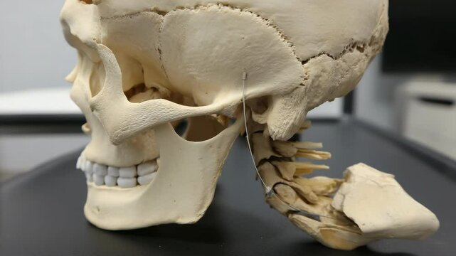 Human skull model, side view showing jaw, teeth, and bone structure for medical education or anatomy study.