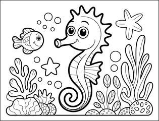 Obraz premium Cute Cartoon Seahorse and Fish Coloring Page Illustration