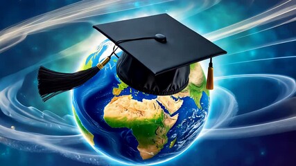 Graduation Cap on Spinning Earth with Digital Light Trails