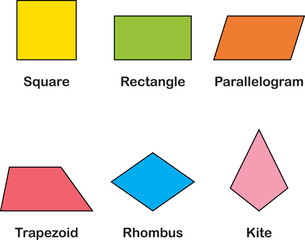 quadrilateral shapes names, types of geometric shapes. Vector illustration isolated on white background.