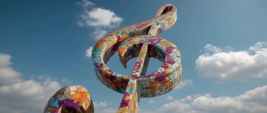 A mosaic-covered sculpture of a treble clef stands against a sunny sky with drifting clouds, shot from a low angle with gentle camera dolly.