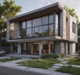 Fototapeta premium Contemporary house undergoing renovation, exterior view, sustainable, home improvement