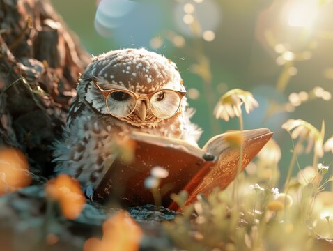 Niedliche kleine Eule mit Brille liest Buch inmitten von Fr&uuml;hlingsblumen
